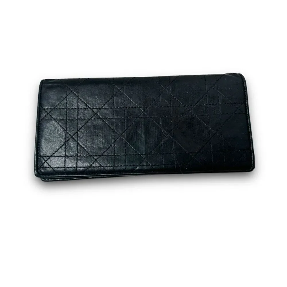 Vintage Christian Dior Lady Dior Black Leather Quilted Long Wallet 7.5 x 3.75